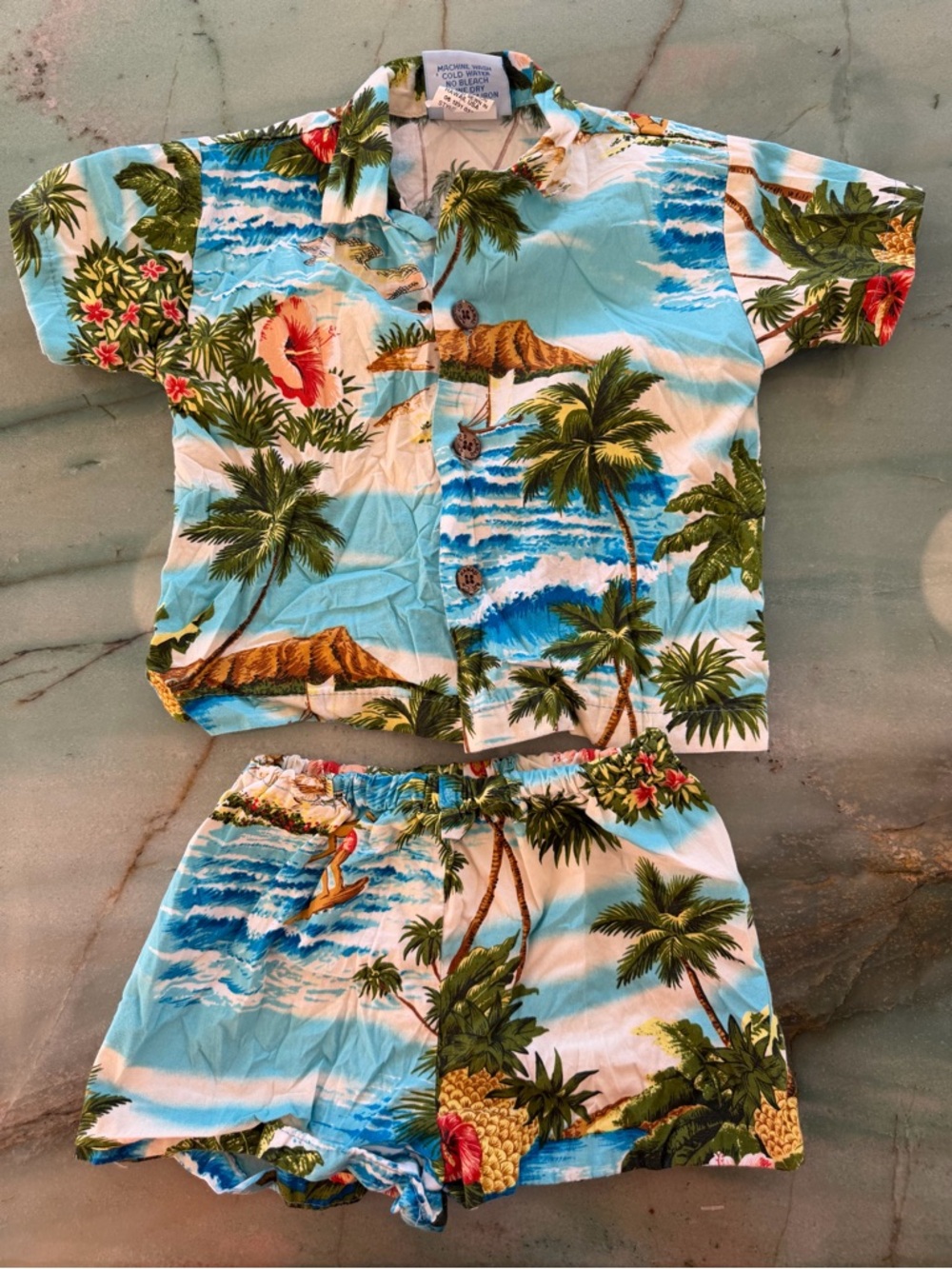 Vintage RJC Hawaiian Tropical 2 Piece 18M Short Sleeve Shirt Shorts 100% Cotton